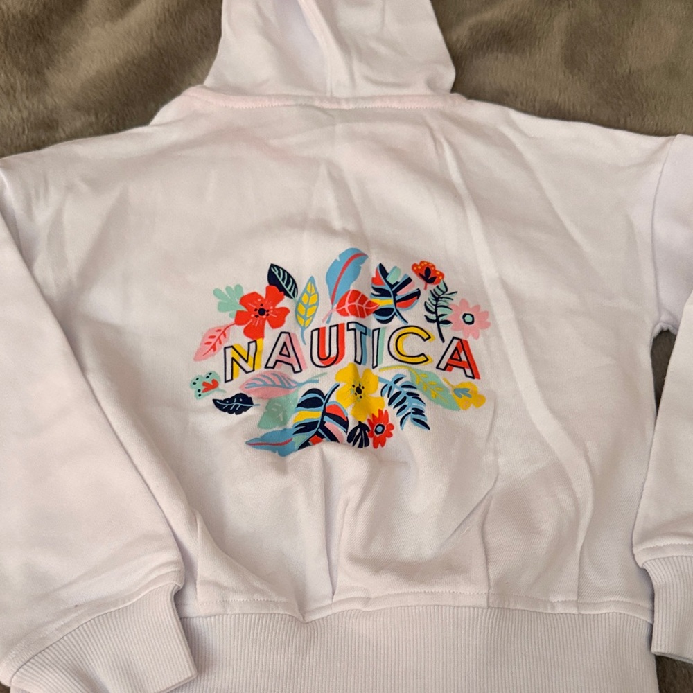 Nautica White Hoodie with Vibrant Floral Accents on back NWT